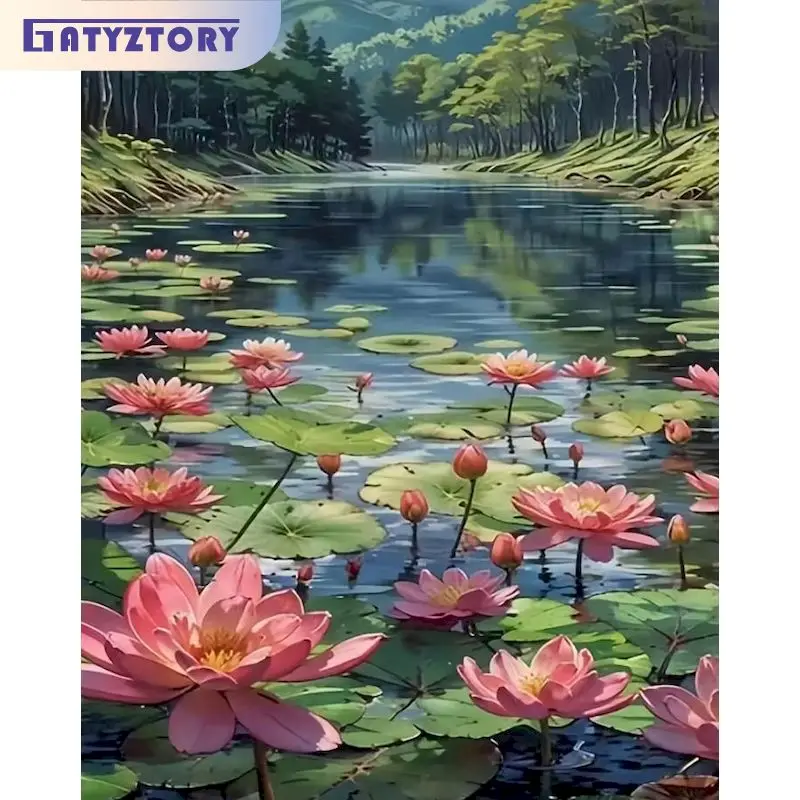 

GATYZTORY Lotus Pond Paint By Numbers Handpainted Diy Gift Scenery Crafts Gift Frameless Painting With Numbers