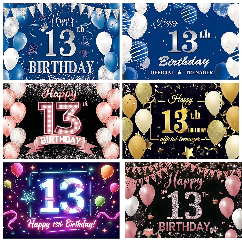 

13th Happy Birthday Party Decorations Banner Backdrop Black Gold Pink Balloon 13 Years Old for Girls Boys Photography Background
