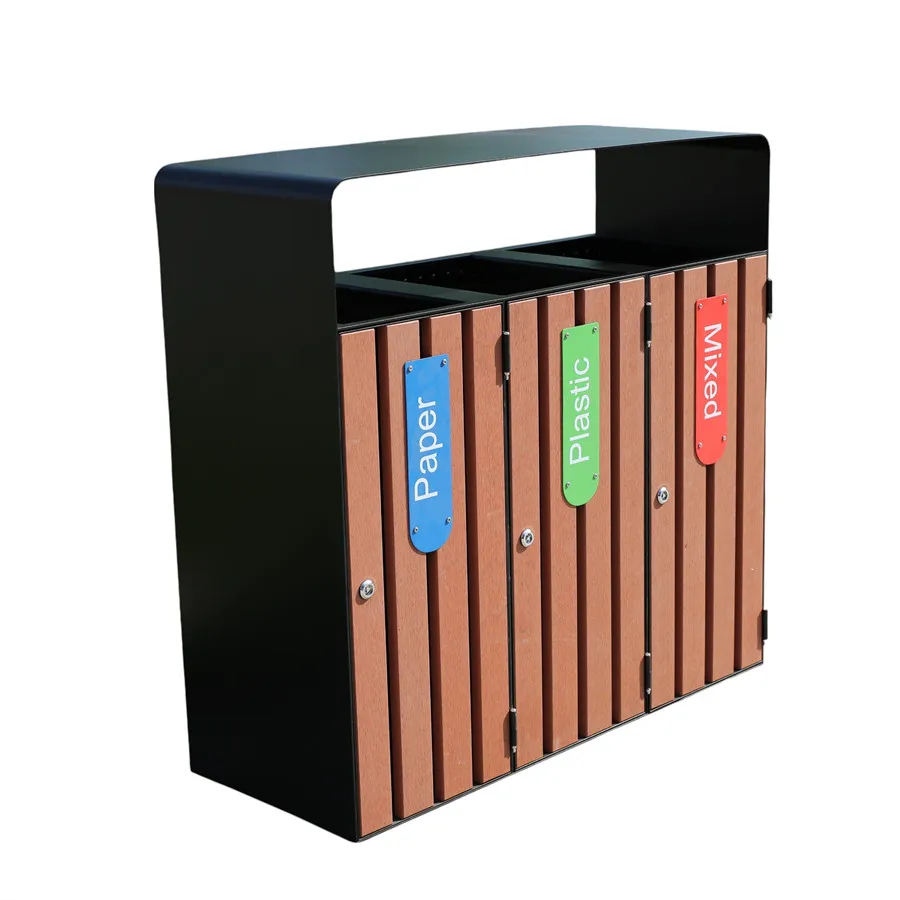 

Наружный 3-х отделений, большой деревянный мусорный бак, мусорный бак, уличный мусорный бак, общественный коммерческий мусорный бак для переработки