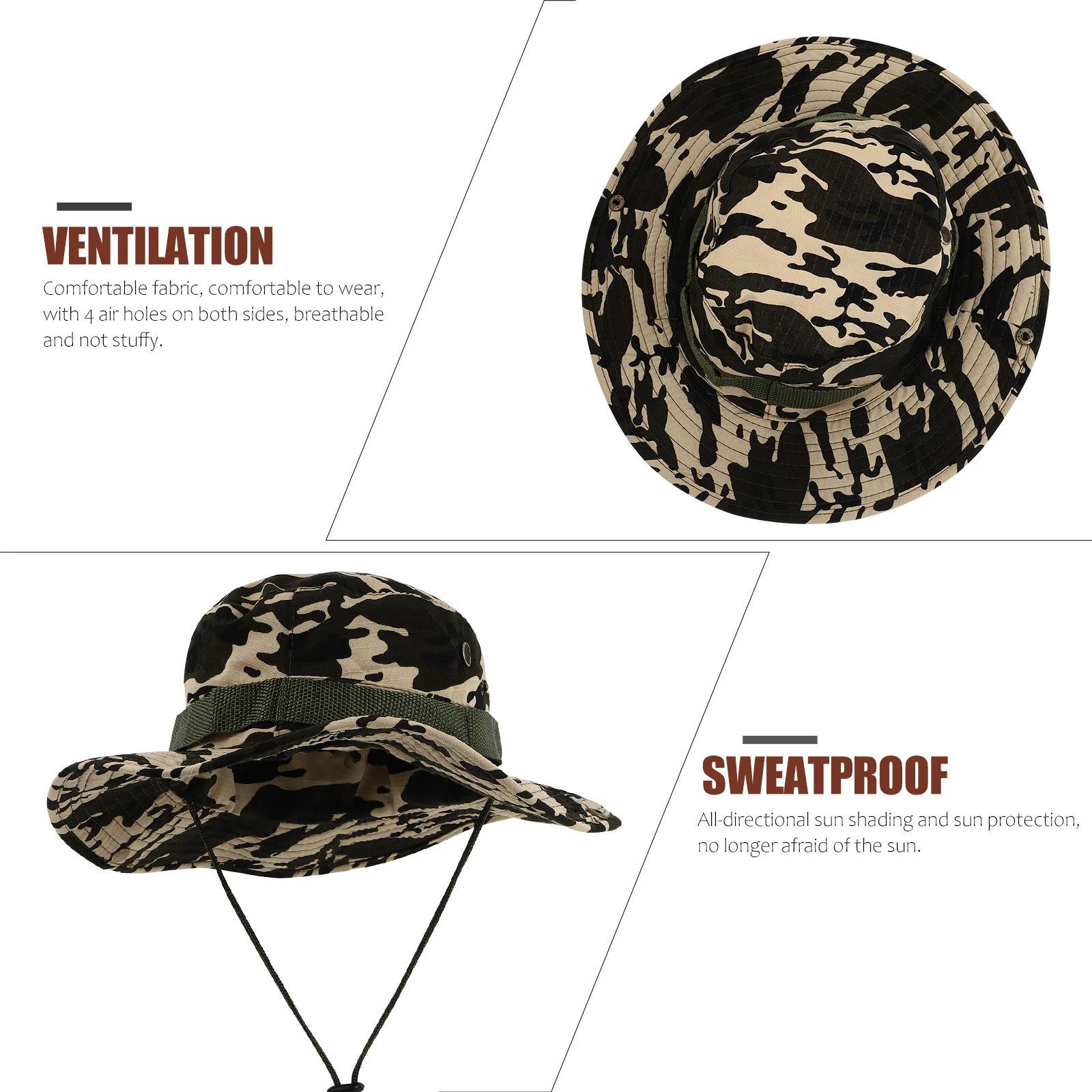 

1Pcs Outdoor Camo Fishing Hat Breathable Uv Protection Adjustable Drawstring Sun Cover Wide Brim Hat for Mountaineering Camping
