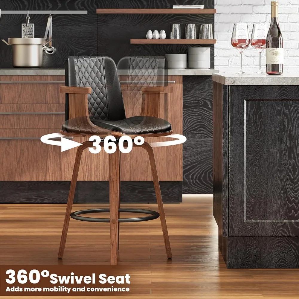 Bar Stools with Arms Set of 2, 26 inch Counter Height Bentwood Swivel Barstools with Back, Modern PU Leather Upholstered