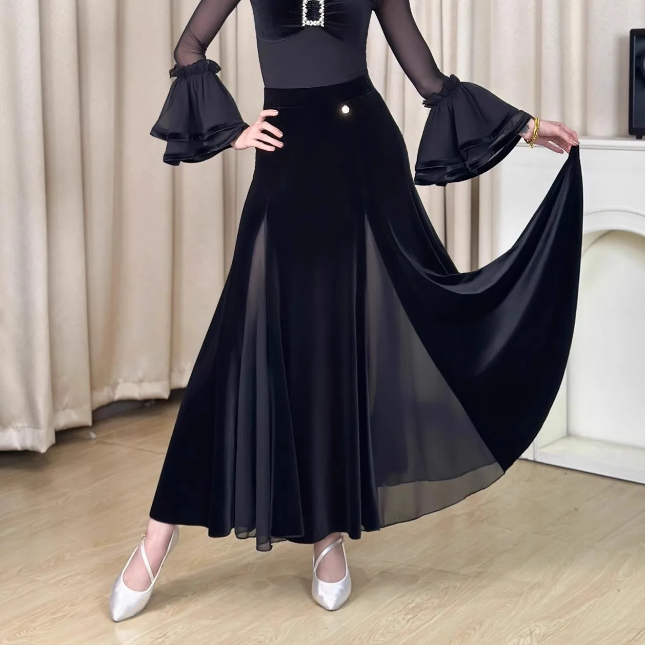 Moderne Dans Fluwelen Rok Voor Vrouwen Volwassen Nationale Standaard Dans Mesh Halve Rok Chacha Ballroom Dansvoorstelling Slijtage DN21960