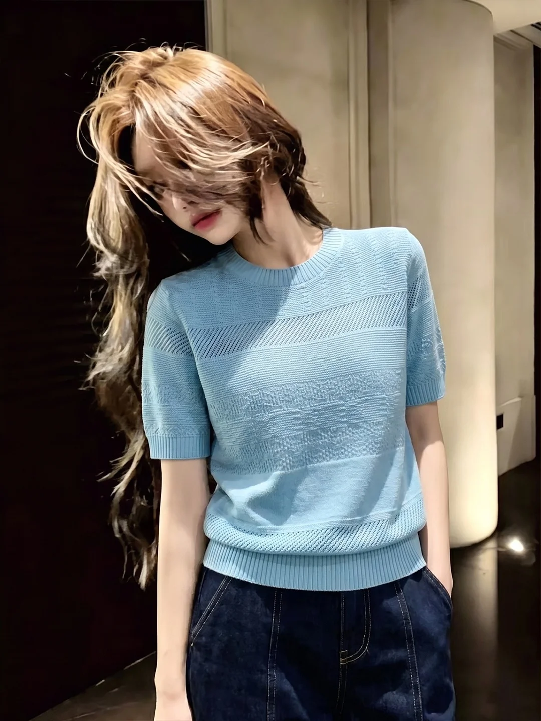 

Korean Style Commute Soft Style Short Sleeve Knitted Shirt Summer New Slimming Top Versatile Quality Silk Women's Fashion