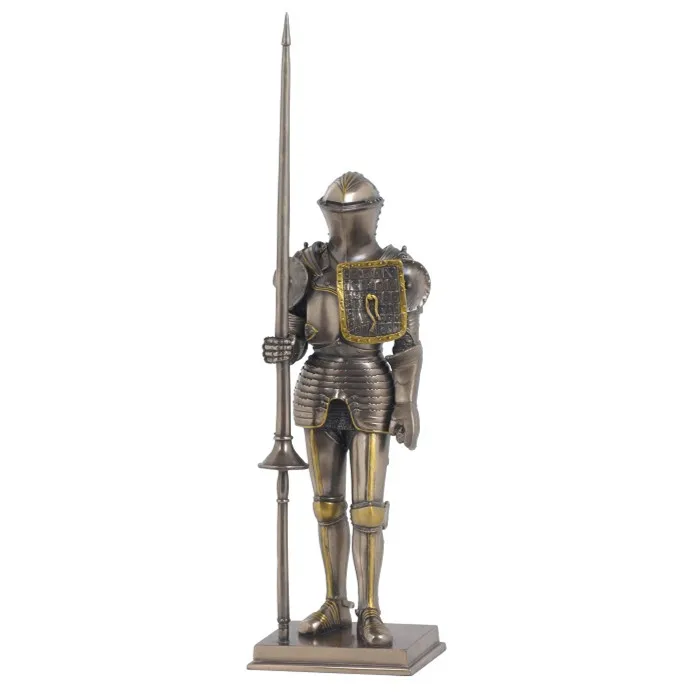 Medieval Knight Armor Statue Crusader Warrior Resin Figurine with Spear and Shield Vintage Armored Soldier Desktop Ornament Gift