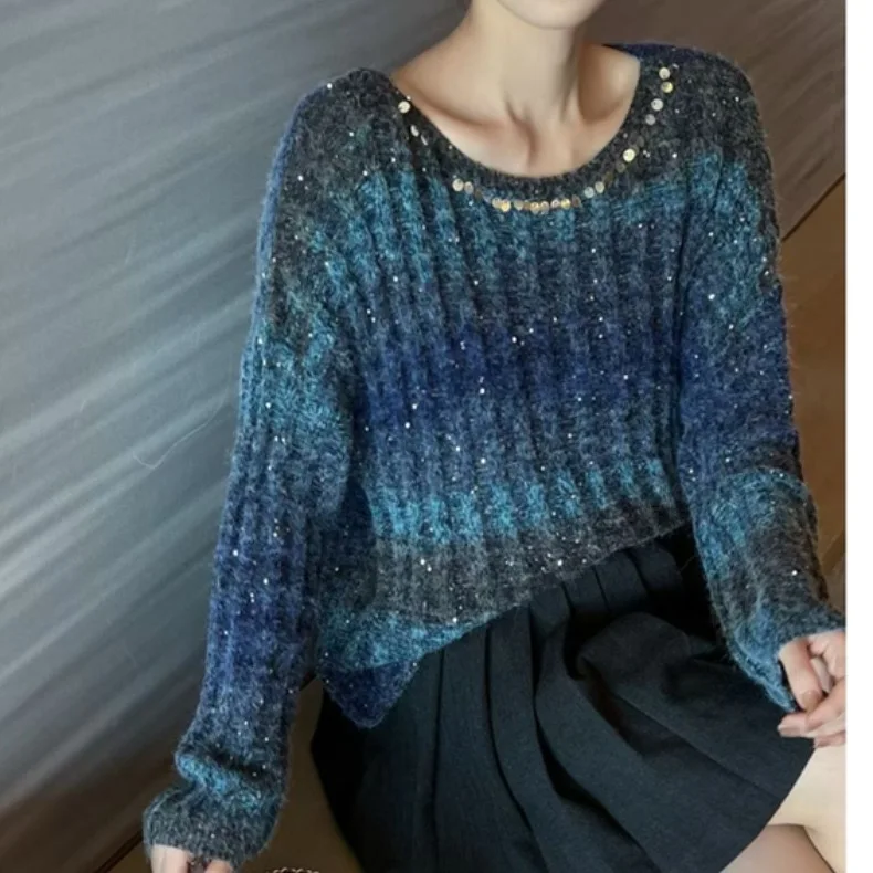 

Fashionable Long Sleeve Knitted Sweater Women's Color Block Stripe Knitwear Stylish Ageless Autumn Winter Pullovers F509