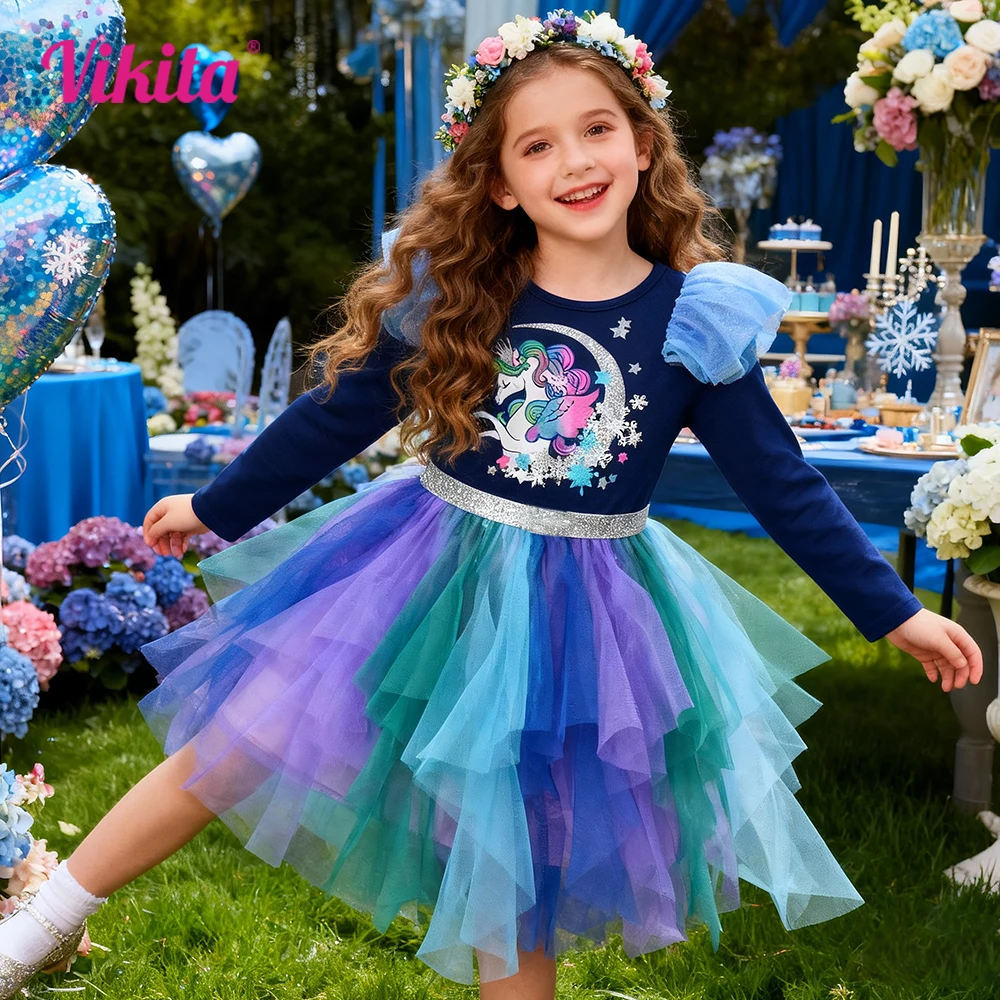 Vestidos Elegantes Irregulares para Meninas com Mangas em Camadas, Azul Marinho, Outono e Primavera, com Estampa de Unicórnio e Gradiente de Tule