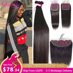 6X6 5x5 4X4 Lace Closure With 30 40 Inch Human Hair Bundles With 13x4 Frontal Straight Brazilian Weave 3 Bundles With Closure