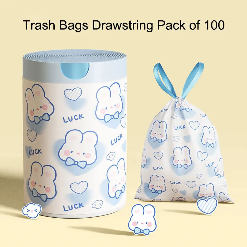 Trash Bags Drawstring Pack Of 100 Small Garbage Bags Cartoon Rabbit Pattern Thickened Drawstring Bags Bathroom Trash Bags