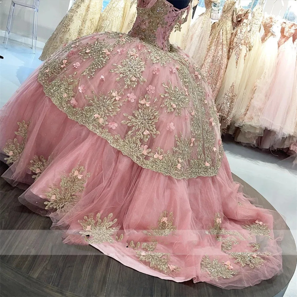 Vestido de quinceañera de princesa brillante, fotos reales, apliques dorados, flores de cristal dulce, 15 y 16 años