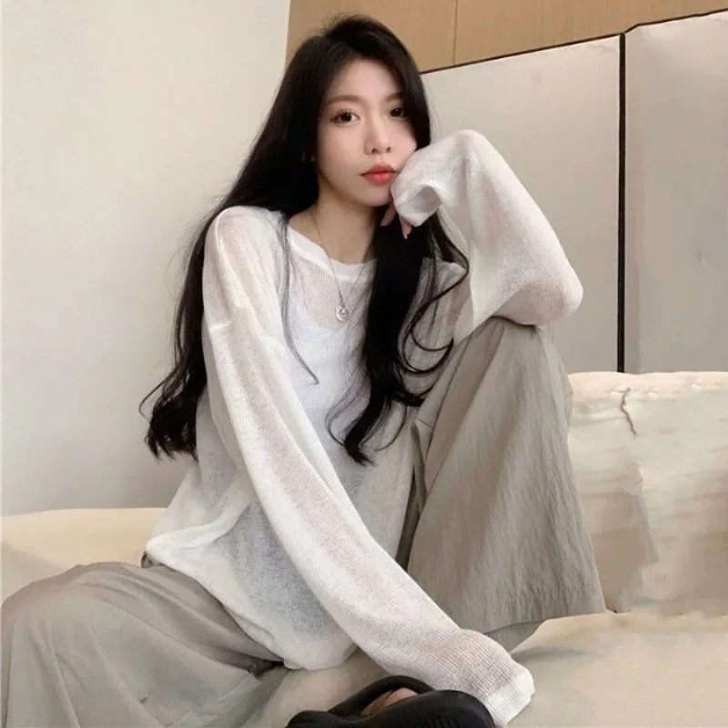 T-shirt sottile a maniche lunghe da donna, ampia, casual, elegante, con protezione solare, camicia base alla moda, girocollo, colore puro, pendolari, Harajuku