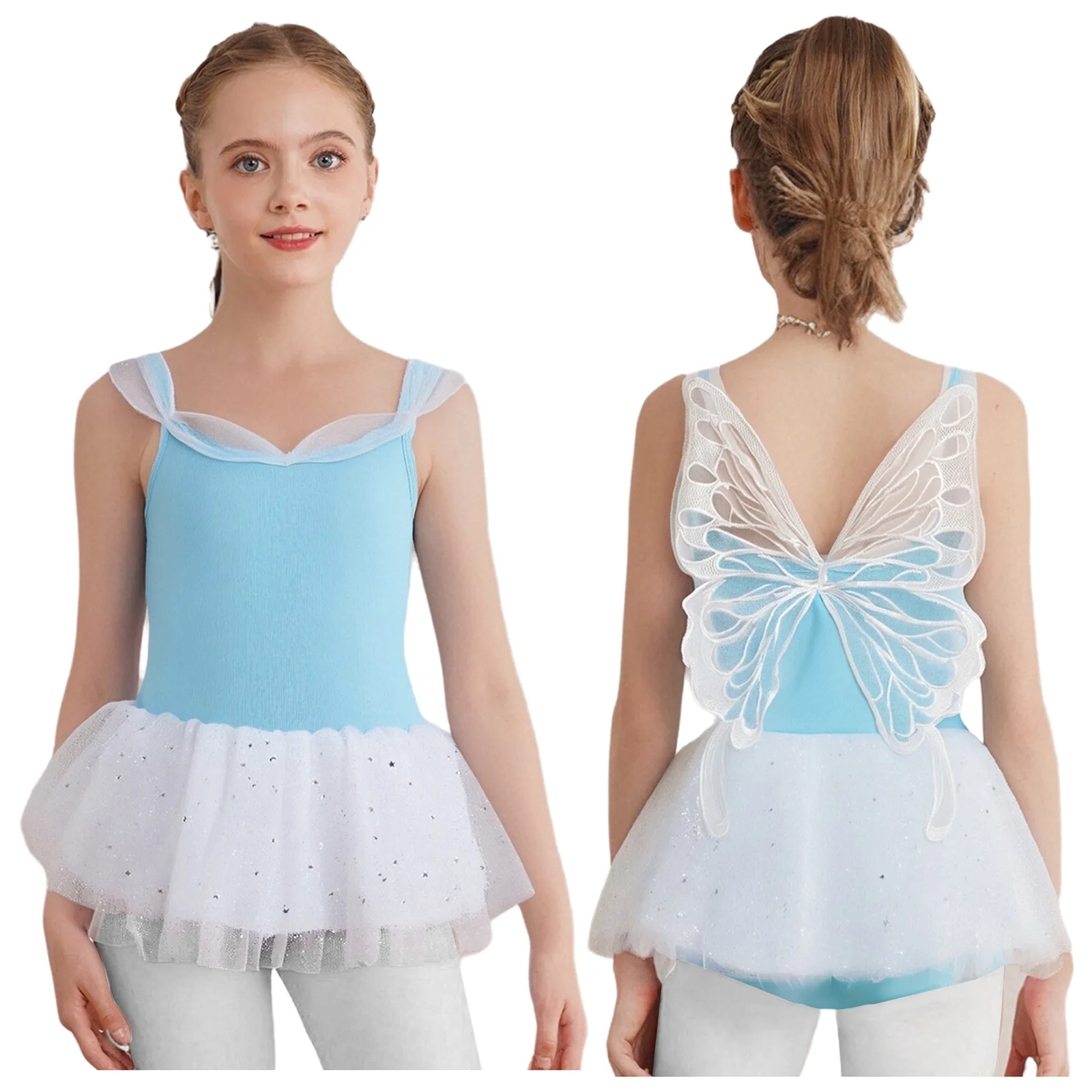 

Kids Girls Ballet Dance Dress Sleeveless Spaghetti Straps Butterfly Back Leotard+Shiny Sequins Tulle Tutu Skirt for Competition