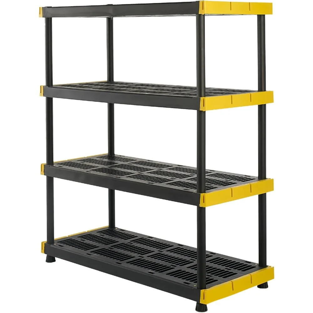 

BLACK & YELLOW, 4-Tier Heavy Duty Plastic Storage Shelving Unit, 200lbs/shelf (55"H x 48"W x 20"D), for Indoor/Outdoor Organizat