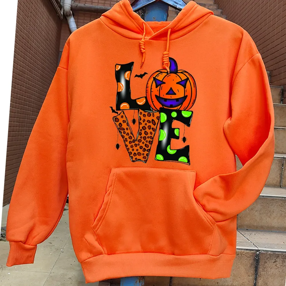 Funny Love Pumpkin Spider Web Halloween Unisex Sweatshirt Halloween Monster Bat Graphic Printed Hoodie Halloween Orange Hoodies