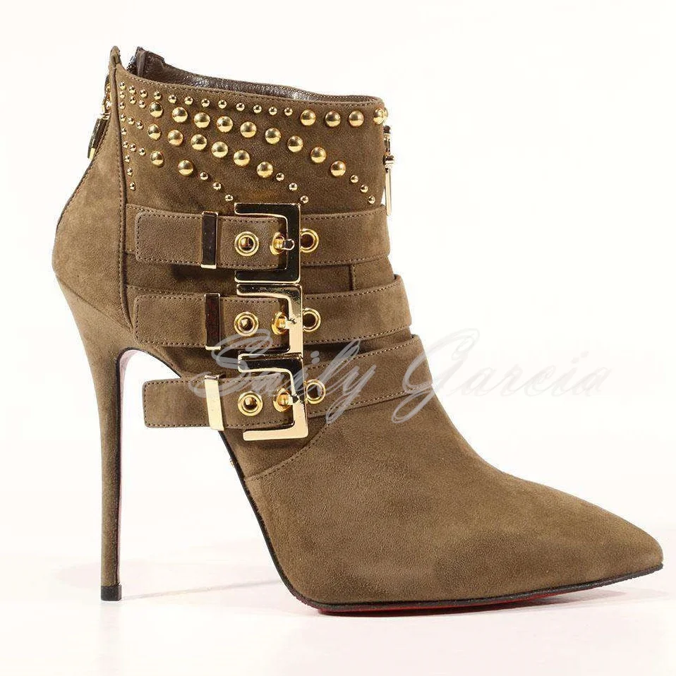 

Army Suede Belt Buckle Rivet High Heels Women's Leather Pointed Toe Gold Metallic Decor Stiletto Heel Back Zipper Short Boots