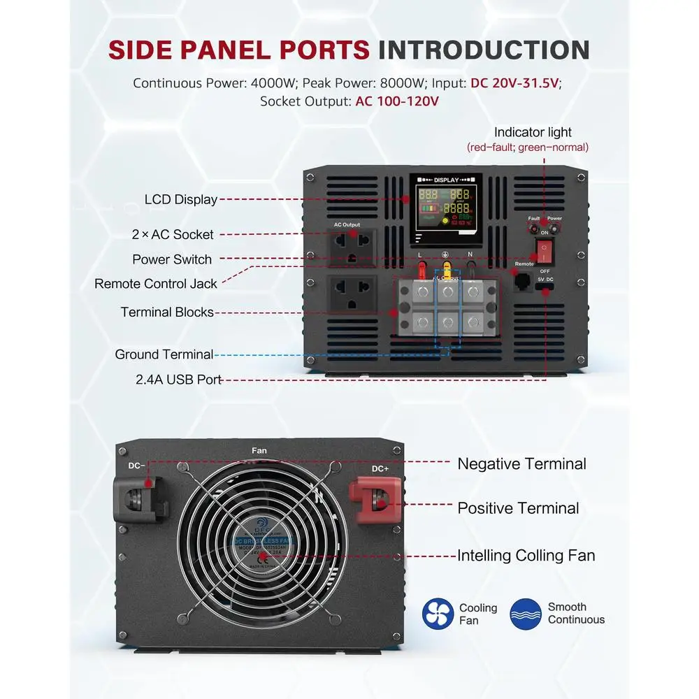 Inversor de corriente de onda sinusoidal pura de 4000W DC12V a 110/120V AC 2 salidas puerto USB pantalla LCD coche RV uso Solar Control remoto y fusible