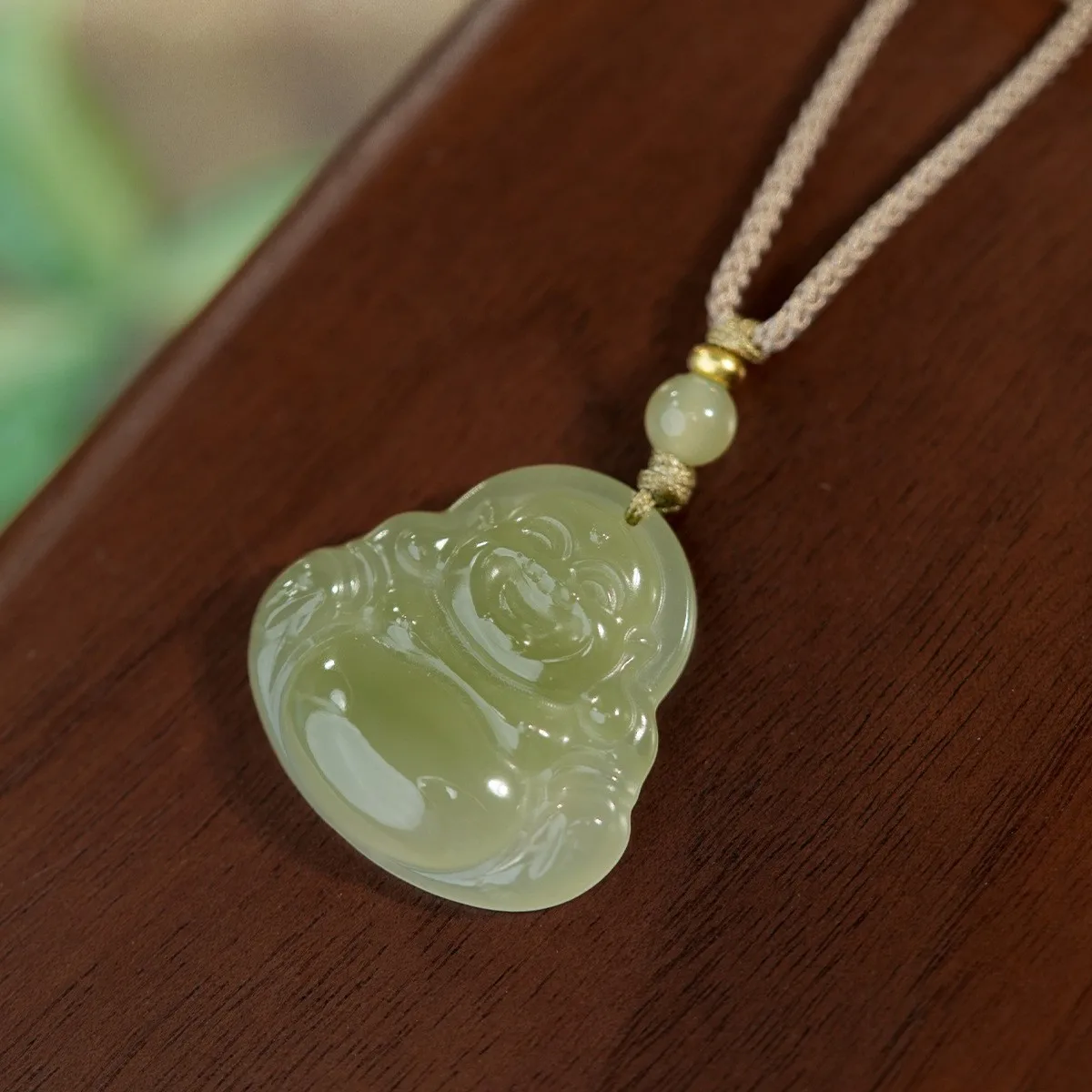 Hetian Jade Maitreya Buddha Pendant Necklace for Women, Lucky Gemstone Charm