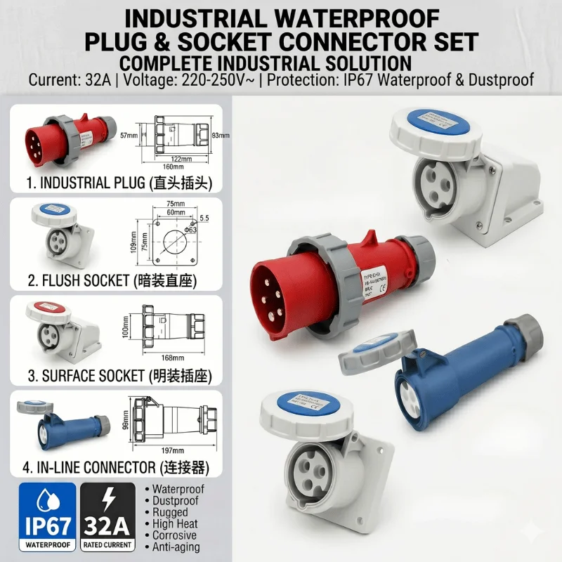 IP67 32A Industrial Plug & Socket Set 3/4/5 Pin 220V-415V Waterproof Male Female Connector Copper Contact Surface Flush Mount