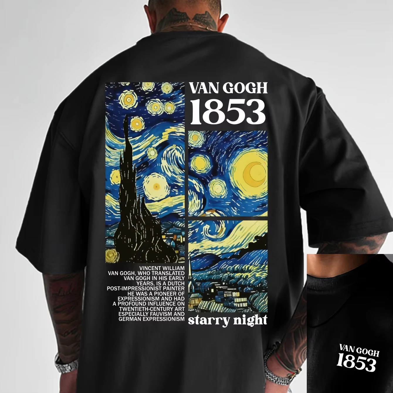 T-shirt à manches courtes pour homme, en pur coton, décontracté, à la mode, ample, imprimé avec une célèbre peinture de Van Gogh, col rond