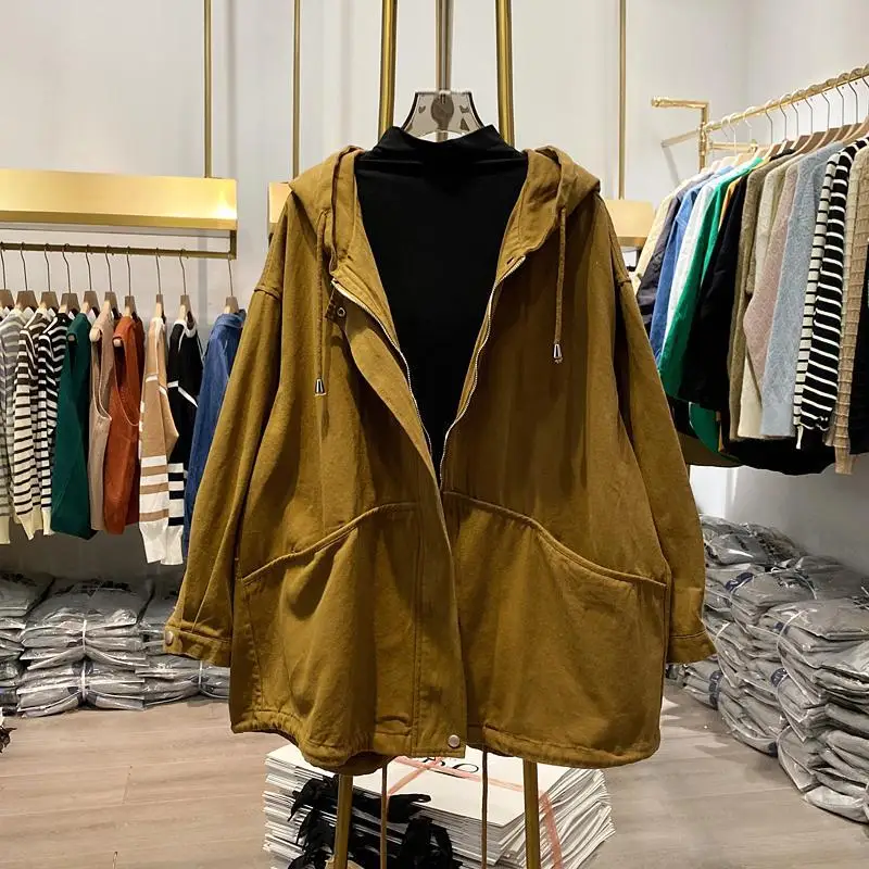Casual Loose Women's Jaet Retro Workwear Sle Spring Season Large Size Faionable Versatile Cotton Hooded Zipper Closure
