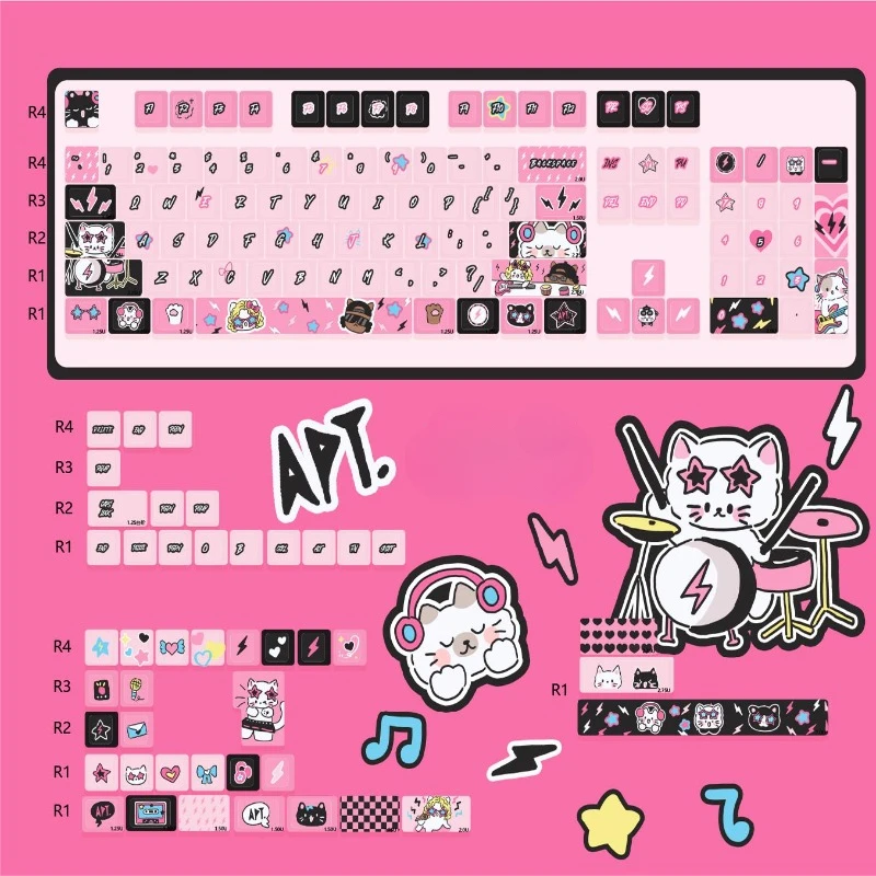 

Pink Cute Cat Keycap Set PBT 149keys Cherry/MDA Profile Gaming Cartoon Custom Personalized Keycaps for Mechanical Keyboard