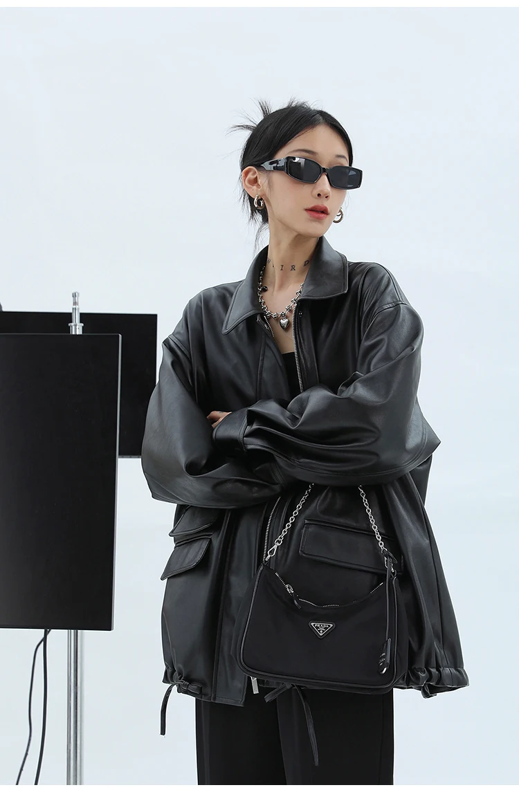Lautaro Spring Autumn Oversized Casual Waterproof Black Soft Pu Leather Jacket Women with Drop Shoulder Long Sleeve Fashion 2022
