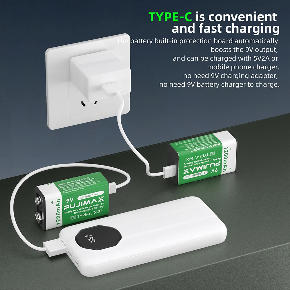 

PUJIMAX 9V Rechargeable Lithium Battery 1200mAh with Type-C USB Rechargeable Batteries 6F22 for Multimeter Microphone Toy Guitar