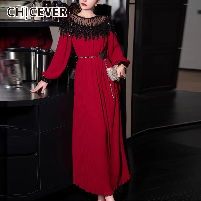 

CHICEVER Spliced Sequins Elegant Dress For Women O Neck Lantern Sleeves Patchwork Metal Chain Pleated Loose Long Dresses Female