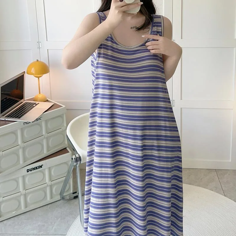 M-3XL فستان بكتافة مخطط غير رسمي حجم كبير ملابس نوم قطنية سترة دون أكمام فستان النوم المرأة منامة قمصان النوم قميص النوم