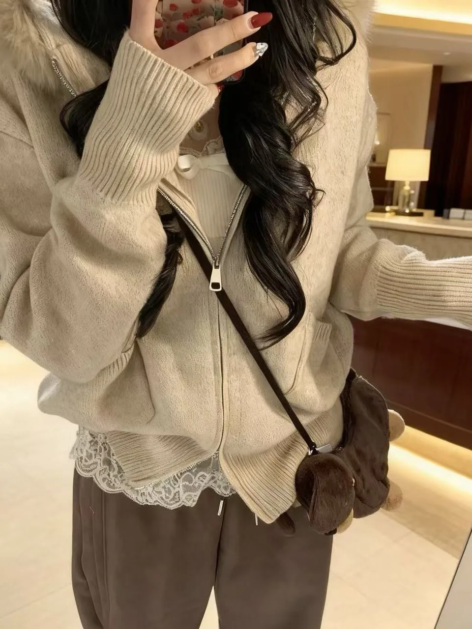 Zachte, gezellige luie Sle dames gebreide mutsjas met bontkraag Casual all-match open vest trui voor herfst en winter