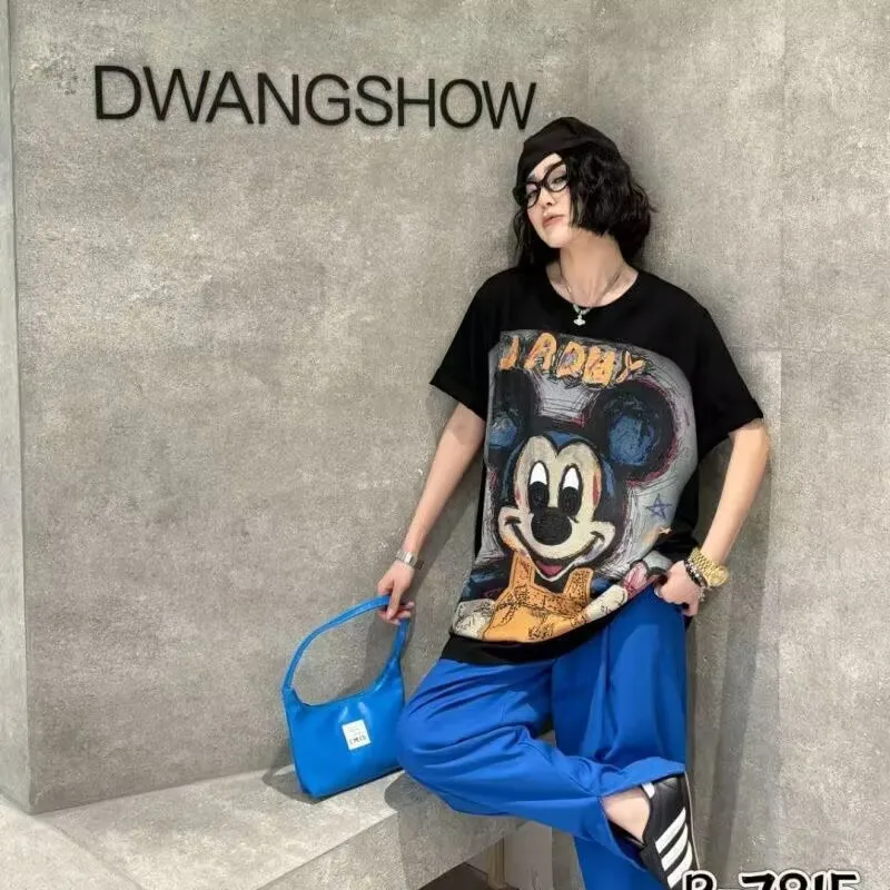 

Kpop Oversized T Shirt Summer New Cartoon Mickey Print Short Sleeved Shirts for Women Loose and Casual Versatile Slimming Tops