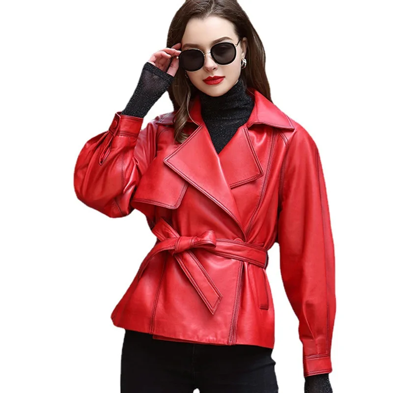 Women's Red Leather Jacket, Motorcycle Coat, Genuine Tops, Belt, Short Sheepskin Jacket,Autumn And Winter