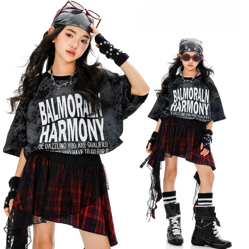 

Fashion Girls Jazz Dance Costume Hip Hop Performance Clothes Sets Loose T Shirt Tops Plaid Skirt Group Street Dance Outfits