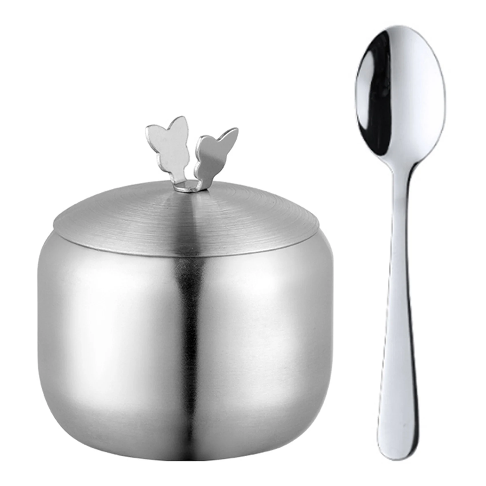 Kitchen Stainless Seasoning Condiment Pot Large Diameter Spice Salt Sugar Container Jar Tool with Lid & Spoon, Silver