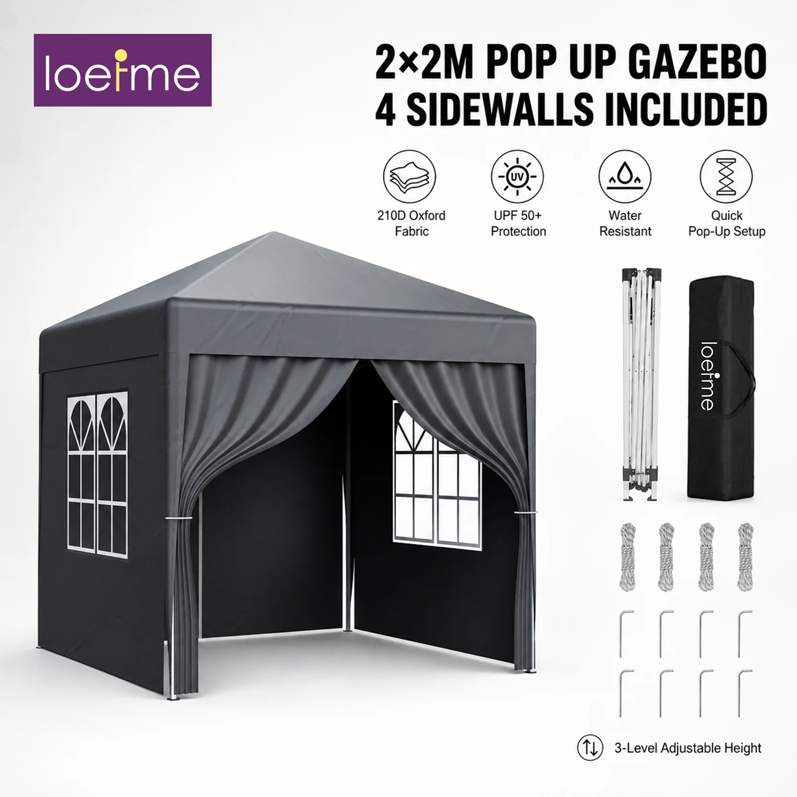 Carpa Gazebo Plegable LOEFME 2x2M, Impermeable, UPF50+, con 4 Paredes Laterales Removibles, Paneles de Ventana y Puerta, Marco de Acero Ajustable, Portátil, para Jardín, Patio, Camping, Mercado, con Accesorios