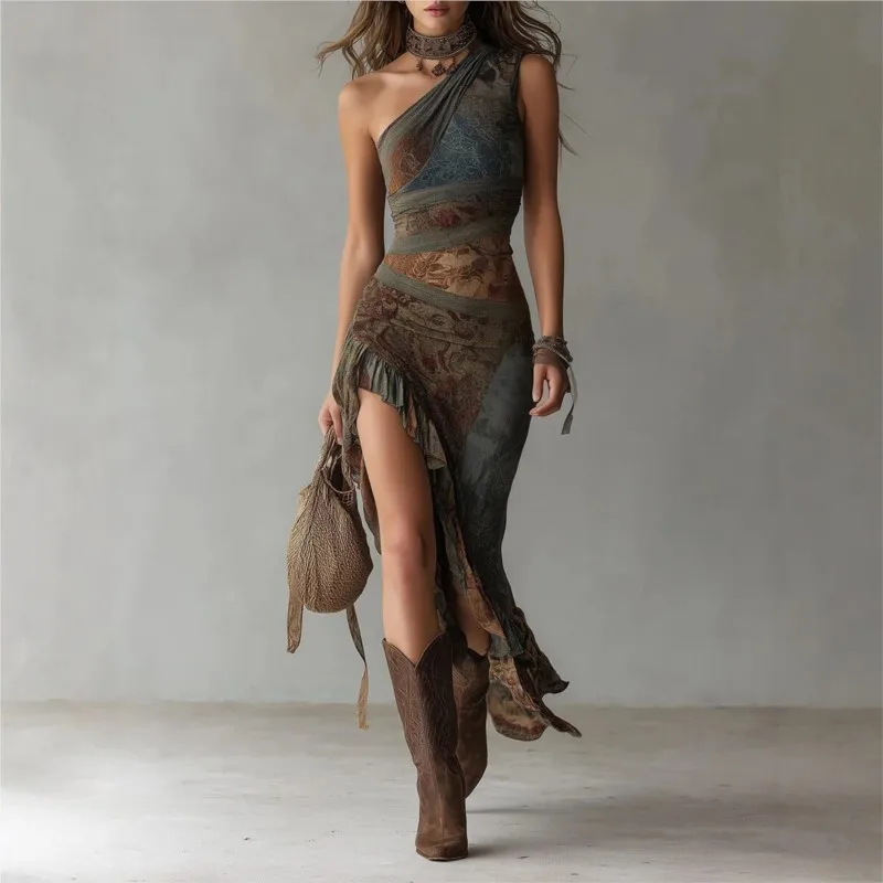 

Elegant Party Irregular Dress Patchwork Ruffle Women Sexy Print One Shoulder Sleeveless Dresses Summer High Street Clubwear