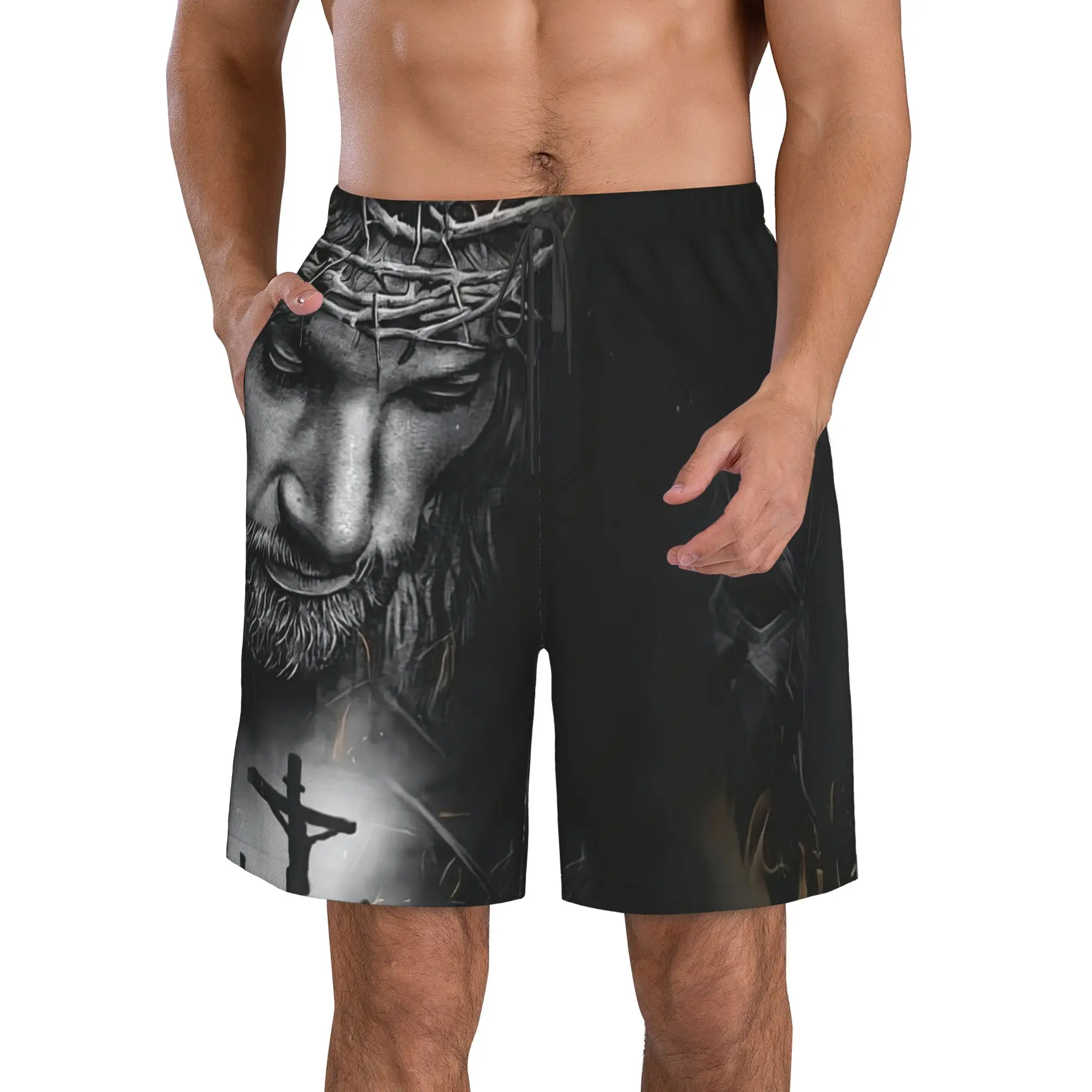 Jesus Christ and Christian Cross Dark Print Trunks Beach Board Shorts Casual Quick Dry Swimming Summer Men Pants