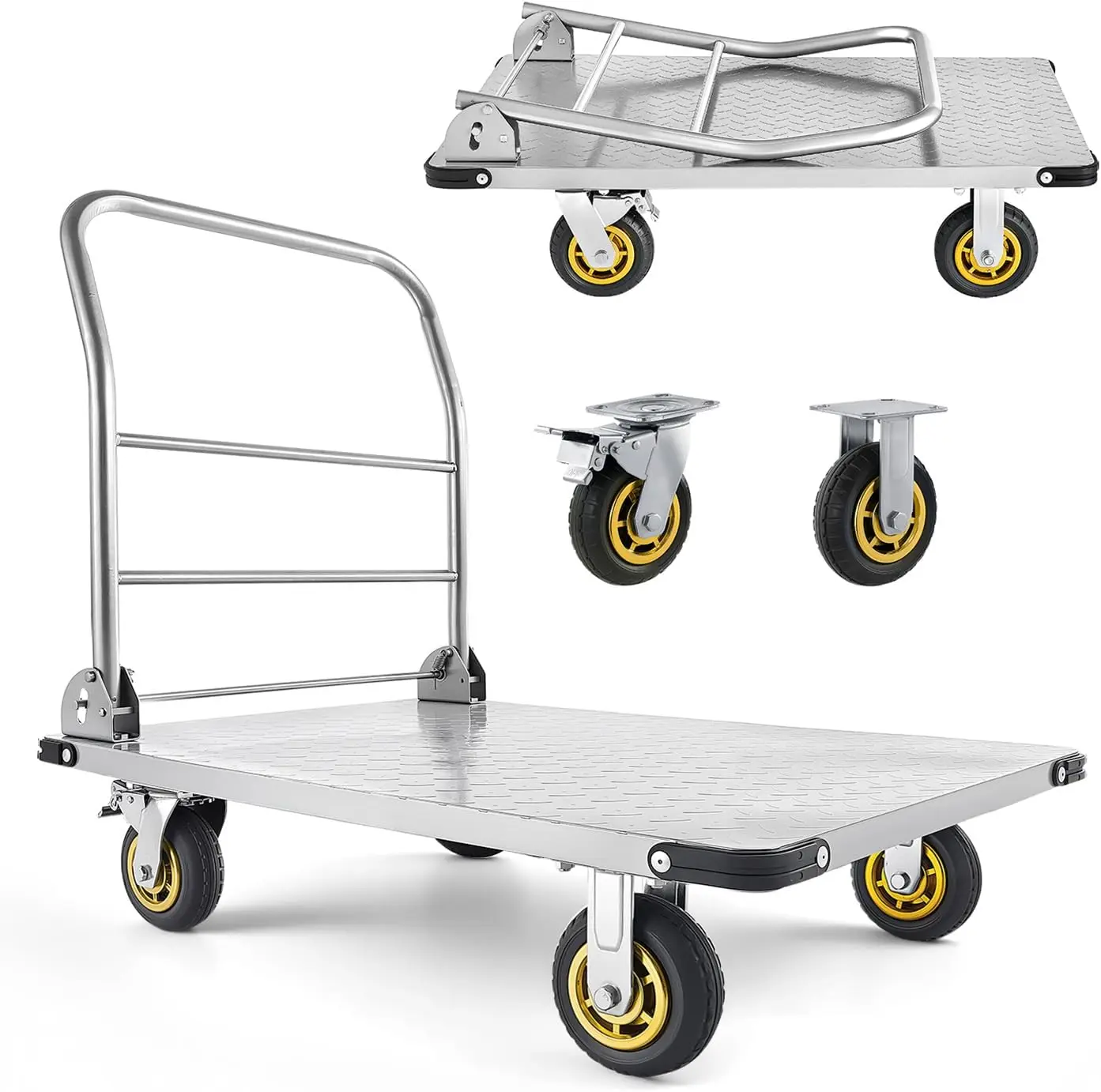 Heavy Duty Platform Truck, 2000 LBS Steel Large Flatbed Cart with 360° Swivel Wheels & Brakes, Foldable Platform Hand Push Truck