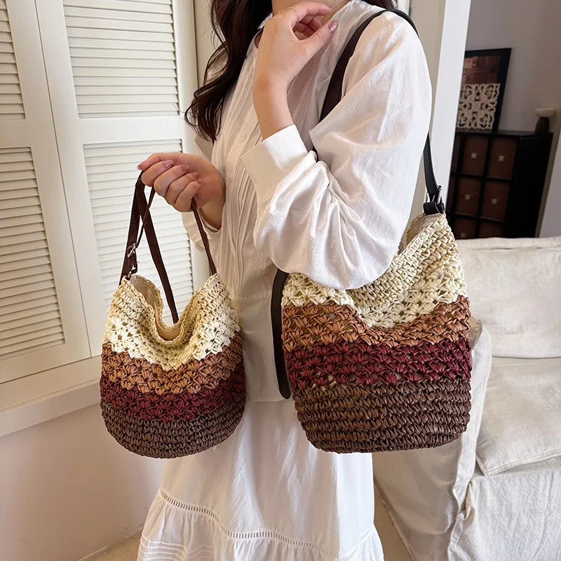 

Striped Color Blocking Handmade Straw Shoulder Bag Large Capacity Summer Beach Vacation Bucket Bags Women Casual Fashion Handbag