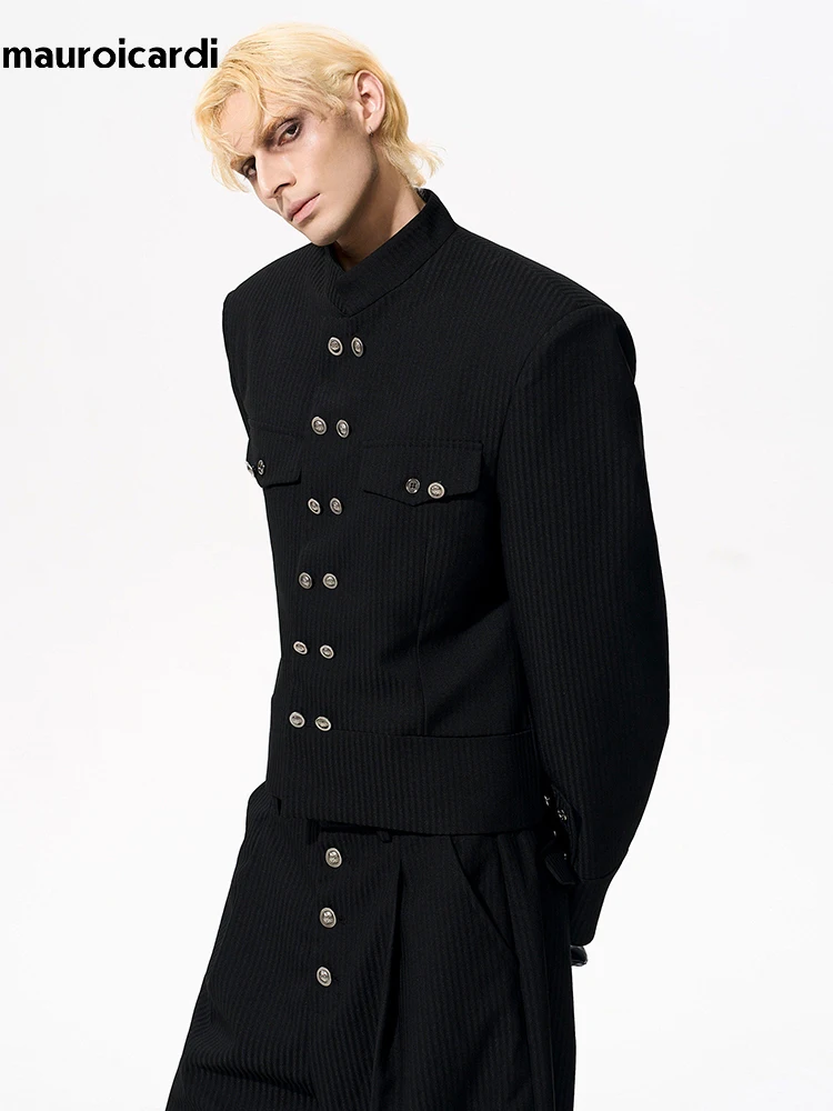 

Mauroicardi Autumn Short Black Fitted Blazers for Men Stand Collar Double Breasted Elegant Chic Luxury Designer Clothes 2026