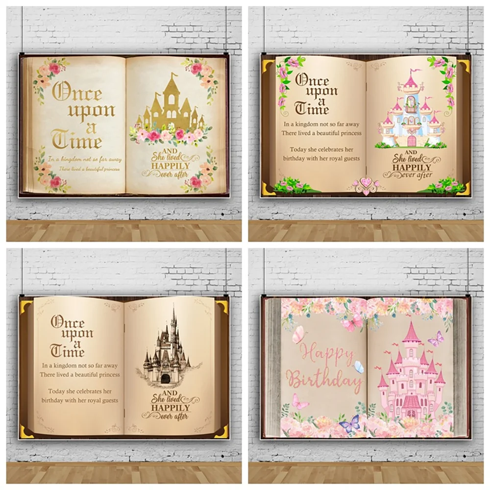 

Fairy Tale Book Birthday Party Wedding Custom backdrop Once Upon a Time Ancient Castle Butterfly Flower Princess Girl Photo Prop
