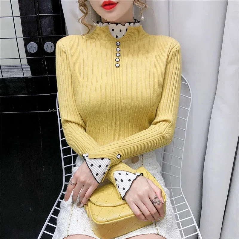 Sweater Women\'s Turtleneck Dot Print Lace Ruffle Pullover Women\'s Trumpet Sleeve Top Solid Knitwear Trend Sweater Autumn Winter