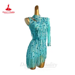 Latin Dance Performance Dress for Women Long Sleeves Full Stones Chacha Tango Competiton Skirt Custom Adult Child Latin Dresses