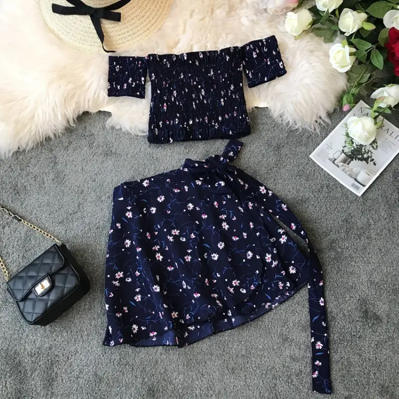 Seaside Vacation Printed One Piece Skirt Set with One Piece High Waist Strap, Off Shoulder, strapless Short Style, Two Piece Set