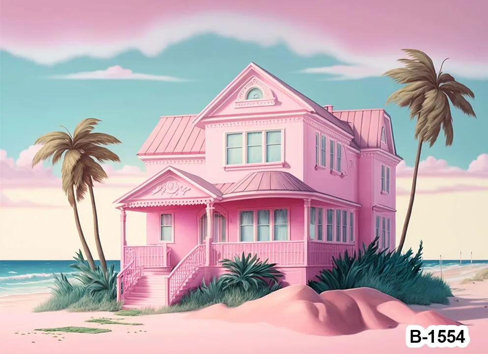 ฉากหลังวันหยุดชายทะเลปราสาทบ้านสีชมพูสำหรับเด็กเล็กเด็กผู้หญิงงานเลี้ยงวันเกิดพื้นหลังงานแต่งงานอุปกรณ์ภาพเหมือนเด็ก