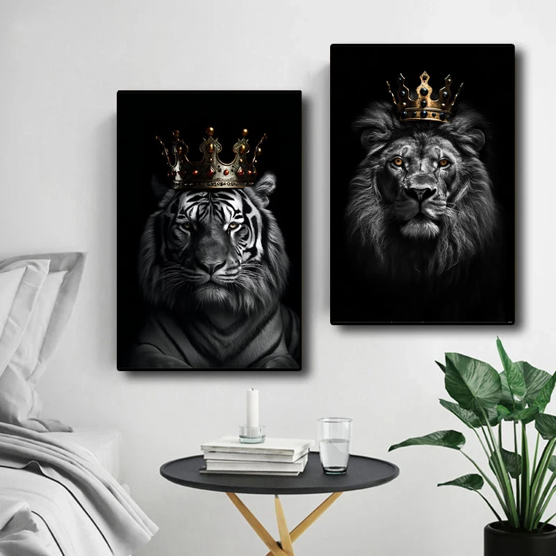 Animal Kingdom Wall Art Picture Lion Tiger Wolf Bear Gorilla Eagle Crown Canvas Painting Black White Light Shadow Art Home Decor