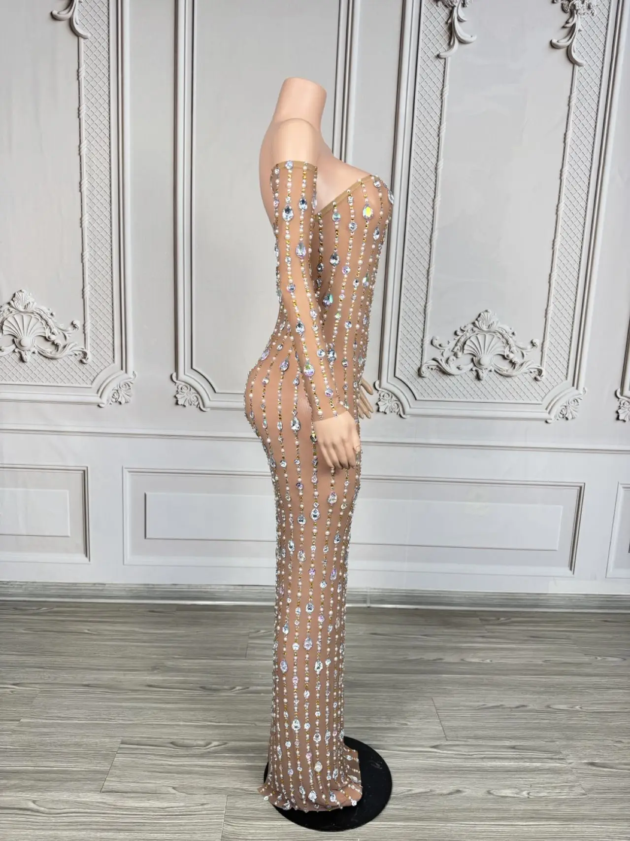 High-end-Luxus Kristalle Bodycon Liebsten Lange Kleider Handschuhe Frauen Sexy Durchsichtig Mesh Feiern Prom Abendkleid Yuzhou