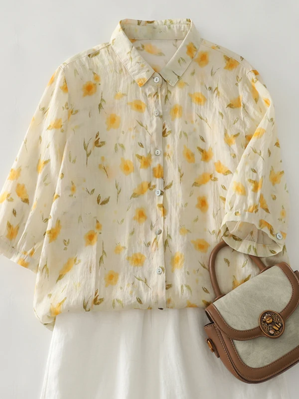 Summer Anti-Aging Fairy Sle Floral Print Women's Casual Cotton Linen Collar irt Breathable Loose Fit ort Sve