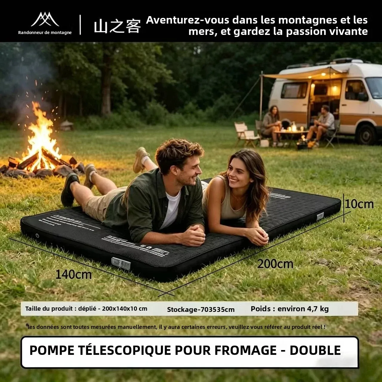 Matelas autogonflant MOUNTAINHIKER, coussin en éponge épaissi, matelas d'extérieur, pompe à air intégrée pour gonflage et dégonflage