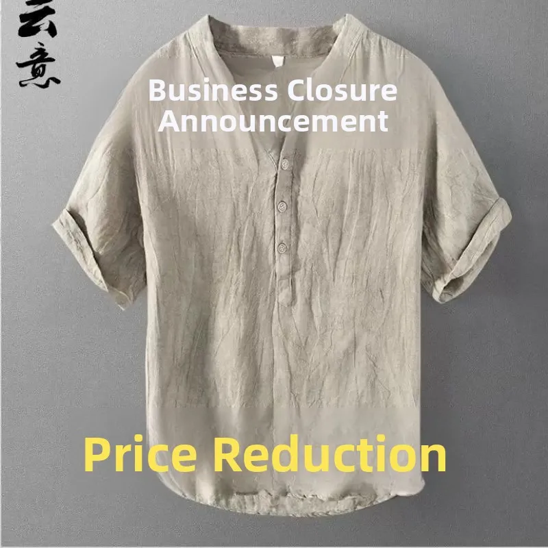 Retro Linen Short Sleeve T-Shirt Men's Thin Loose Summer New Cotton Linen Stand Collar Half Sleeve Casual Trendy Top