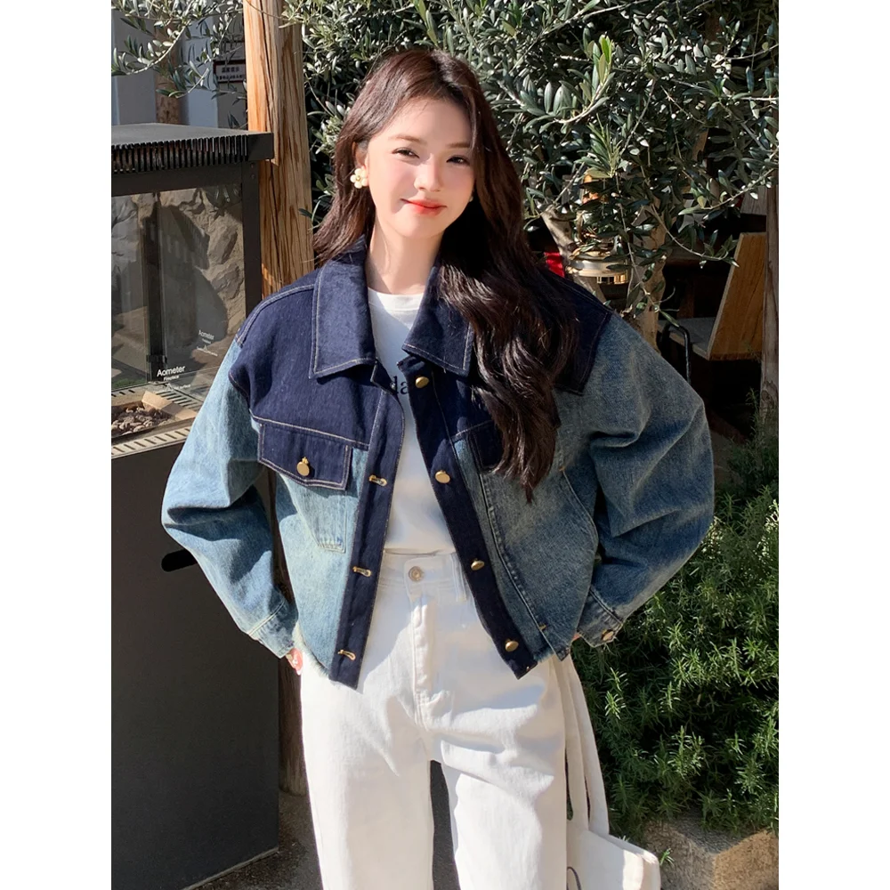 

Women's Splicing Contrasting Colors Retro Denim Jacket Spring Autumn Tops Female Collared Long Sleeves Cowboy Coat